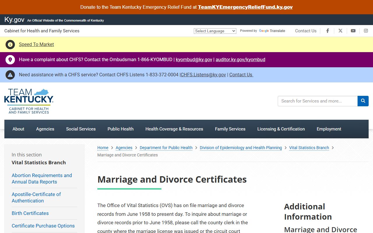 Edmonson County marriage and divorce records Kentucky Vital Statistics certificate page